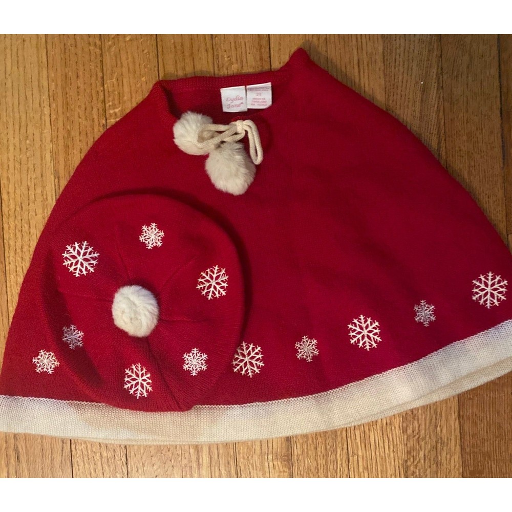 Red cape and hat with Pom poms knitted cape poncho with hat cap 3T Lydia Jane